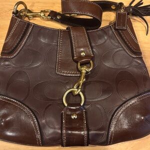 Coach Hamptons Dark Brown Leather Shoulder Bag with Gold Hardware